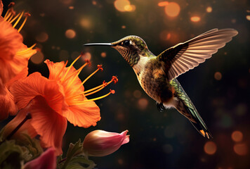 Fototapeta premium Scaly-breasted hummingbird feeding on flowers. Created with Generative AI