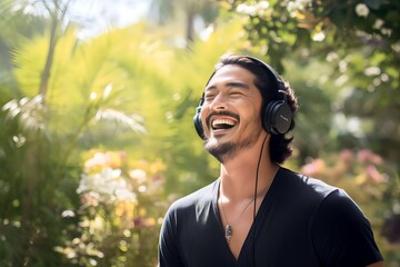 asian man listening to music in garden