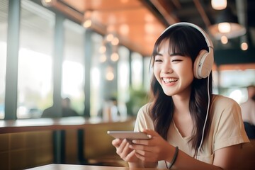 asian woman listening to music in coffeshop