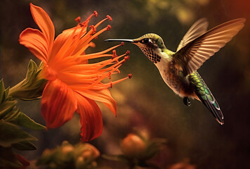 Fototapeta premium Scaly-breasted hummingbird feeding on flowers. Created with Generative AI