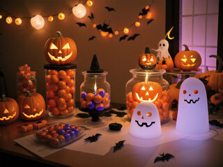 halloween background with pumpkin and ghosts