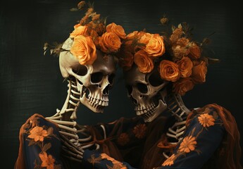 skeleton corpse of couple lover with flower grow on theme, forever love, eternal love,  Generative Ai
