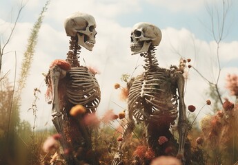 skeleton corpse of couple lover with flower grow on theme, forever love, eternal love,  Generative Ai - obrazy, fototapety, plakaty