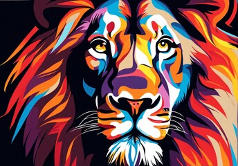 Vivid Multicolored Abstract Lion Head Portrait on Black Background