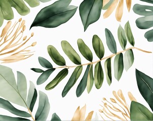Green and golden eucalyptus leaf bouquet, wedding watercolor painting