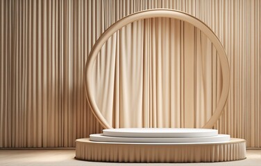 Beige Podium Display with Flowing Pastel Drapery. Elegantly presented on a gentle breeze, this luxury backdrop features a pedestal and a flowing nude-colored silk curtain, perfect for showcasing beaut