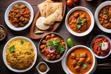 Traditional Indian Cuisine Displayed on Wood Table, Variety of Spicy Dishes