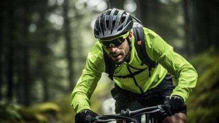 An enthusiastic cyclist, in protective gear, pedaling determinedly up a steep, verdant hill, with perseverance gleaming in his eyes.