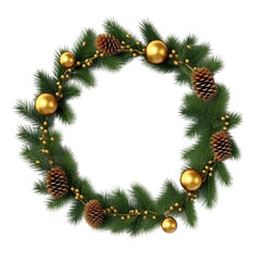 Fototapeta na wymiar Christmas frame wreath with fir tree and Christmas ball isolated on transparent background.