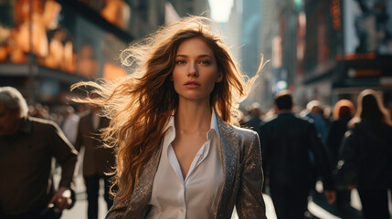 Fototapeta premium Corporate Power Stroll: Business Woman in the Heart of New York - Fictional Person, Generative AI