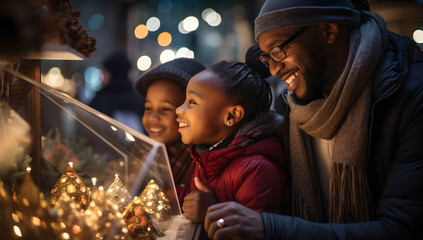 A Joyous Celebration, African American Family Gazing Through Festive Eyeglasses at Christmas Market Window
