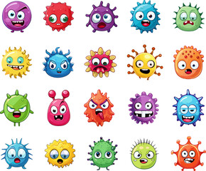Creepy virus characters. Cartoon funny angry infection monsters, scary comic viral creatures, small parasites beasts isolated on white - obrazy, fototapety, plakaty
