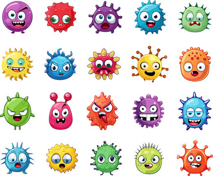 Creepy virus characters. Cartoon funny angry infection monsters, scary comic viral creatures, small parasites beasts isolated on white