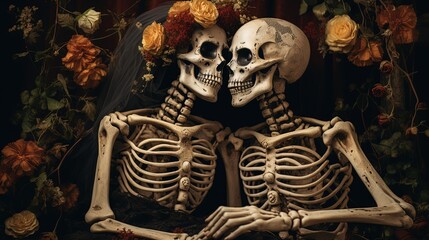  skeleton corpse of couple lover with flower grow on theme, forever love, eternal love, Generative Ai - obrazy, fototapety, plakaty