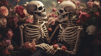  skeleton corpse of couple lover with flower grow on theme, forever love, eternal love, Generative Ai - obrazy, fototapety, plakaty