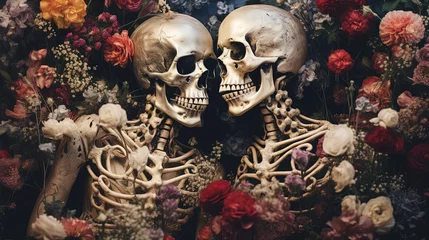 Fotobehang  skeleton corpse of couple lover with flower grow on theme, forever love, eternal love, Generative Ai © QuietWord