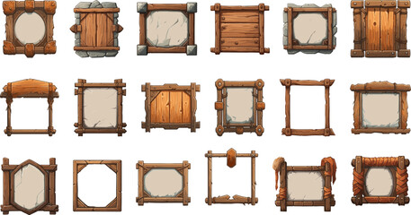 Empty rectangle wooden medieval frames. Wood ancient game gui panels set, old style message planks banners isolated on white background - obrazy, fototapety, plakaty