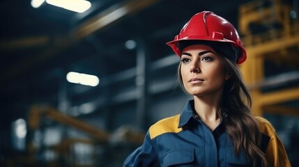 Young woman with a protective helmet in a factory