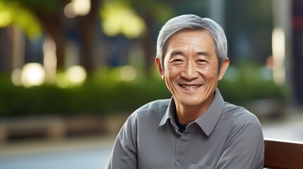 Senior Asian man sitting on a bench outside