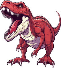 Red tyrannosaurus rex drawing. Angry t-rex with open fanged mouth color vector illustration, tyranasaurus dinosaur creature with sharp claws isolated on white
