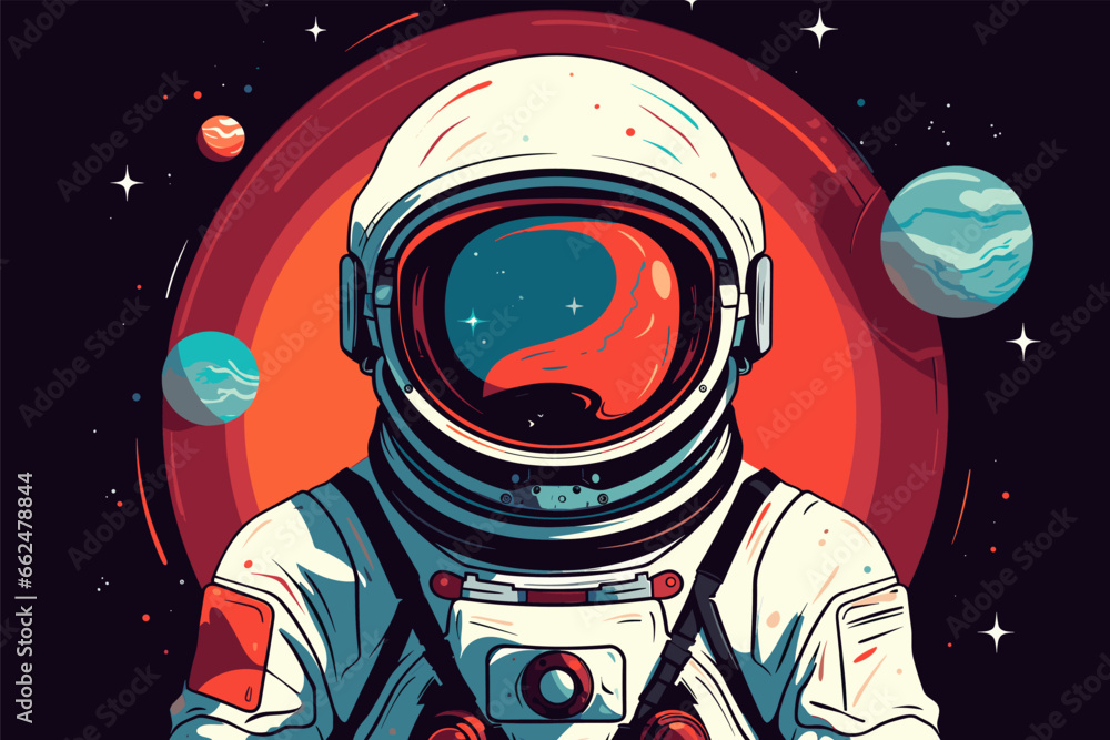 Wall mural astronaut in spacesuit against the backdrop of space and planets. universe adventures and rescue mis