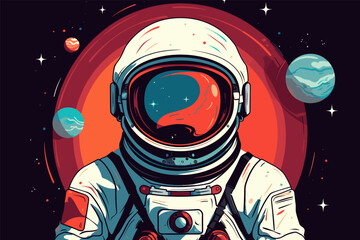 Astronaut in spacesuit against the backdrop of space and planets. Universe adventures and rescue mission, travel and future research. Vector abstract illustration