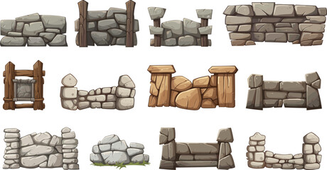Cartoon medieval stones fences set. Isolated fence from wood and stone. Decorative yard or kingdom outdoor elements, vector collection