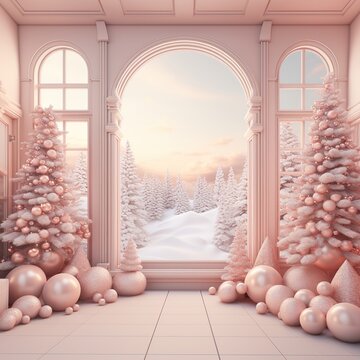 3d render of winter interior with christmas tree and decorations, Ai Generated