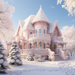 Beautiful winter landscape with snow covered house. 3D illustration, Ai Generated - obrazy, fototapety, plakaty