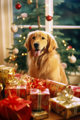 Dog at home with christmas gifts