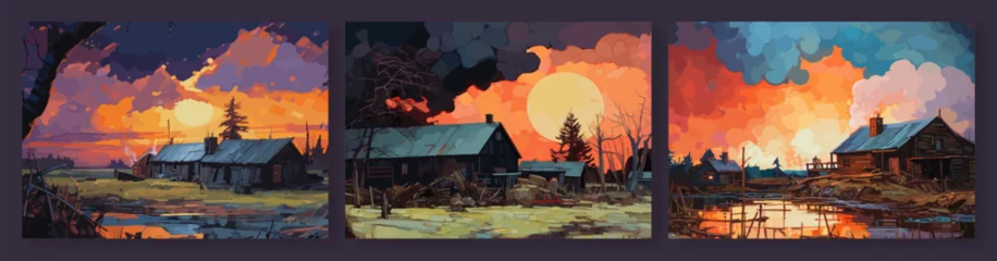 Foto op Canvas Gouache drawing rural landscape with old wooden house on sunset. Dusk colors, lonely home on lake at evening. Watercolor drawing vector graphic art © LadadikArt