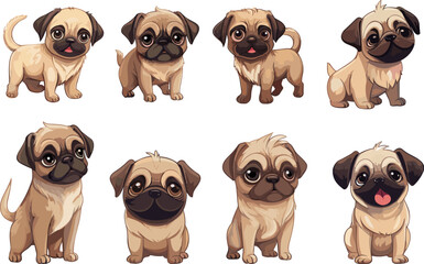 Fototapeta premium Pug puppies cute characters. Pugs isolated on white background, funny tiny cartoon dogs. Vector pets clipart, home animals