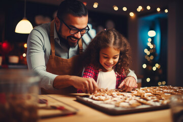 Father and daughter in the kitchen at Christmas making cookies - obrazy, fototapety, plakaty