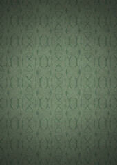 Hand-drawn unique abstract symmetrical seamless ornament. Dark semi transparent green on a light warm green with vignette of a darker background color. Paper texture. A4. (pattern: p10-4f)