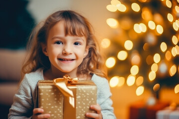 Obraz na płótnie Canvas Portrait of happy girl with Christmas presents