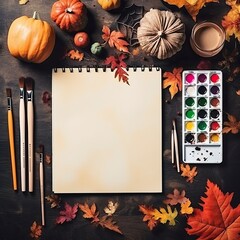 Notebook template on halloween background. White square sketchbook lies on brown wooden table with paints, brushes, halloween pumpkins, orange leaves. Halloween background. Minimalist product mockup.