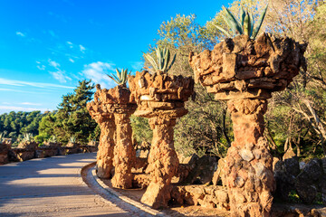 Walking path at famous Guell park in Barcelona, Spain