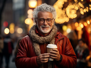 Smiling happy old good-looking man with coffee walking in sity street at winter. Christmas background. Aging with dignity. Older people leading an active and fulfilling life.