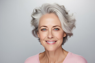 Beautiful gorgeous 50s mid aged mature woman isolated on white. Mature old lady close up portrait. Healthy face skin care beauty, middle age skincare cosmetics, cosmetology concept