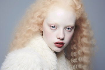 Beauty image of an albino girl posing in studio. Concept about body positivity, diversity, and fashion