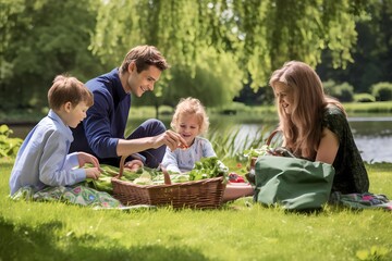 Fototapeta premium The family picnic in green park