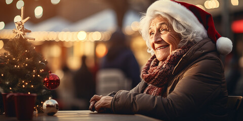 Happy elderly woman with cup of coffee walking in sity street at Christmas time. Festive light bokeh at backdrop. Aging with dignity. Older people leading an active and fulfilling life. Copy space