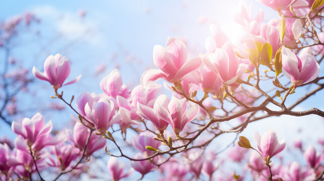 Blooming magnolia tree in the spring sun rays. Selective focus. Copy space. Easter, blossom spring, sunny woman day concept. Pink purple magnolia flowers in blue summer sky