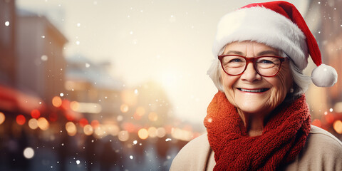Happy old good-looking woman in santa hat walking in sity. Christmas time. Festive light bokeh at backdrop. Aging with dignity. Older people leading an active and fulfilling life. Banner, copy space