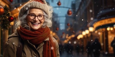 Fototapeta na wymiar Happy elderly woman walking in sity street. Christmas time. Festive light bokeh at backdrop. Aging with dignity. Older people leading an active and fulfilling life. Banner, copy space