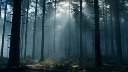 A dense and misty pine forest, with tall trees covered in dew and a mystical aura enveloping the woodland.