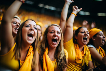 Female fans of soccer, women on the stand of soccer, supporting their favorite team, emotions joy laughter and shouts of joy and support fan club - obrazy, fototapety, plakaty
