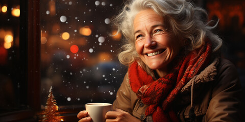 Happy smiling elderly woman with cup of coffee or tea sitting in sity cafe at Christmas time. Festive light bokeh at backdrop. Aging with dignity. Older people leading an active and fulfilling life.