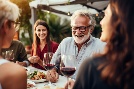 Happy family dining and tasting red wine glasses in barbecue dinner party - People with different ages and ethnicity having fun together - Youth and elderly parents and food weekend activities
