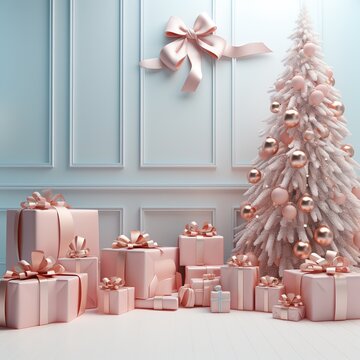 Christmas tree with gifts in blue interior. 3D render image, Ai Generated